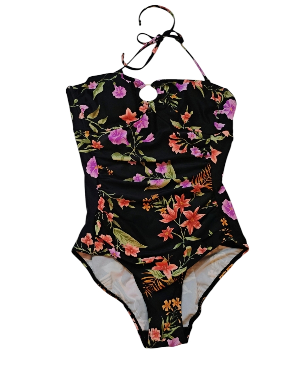 Shade & Shore Women's Black Floral One-Piece Swimsuit with Halter Strap